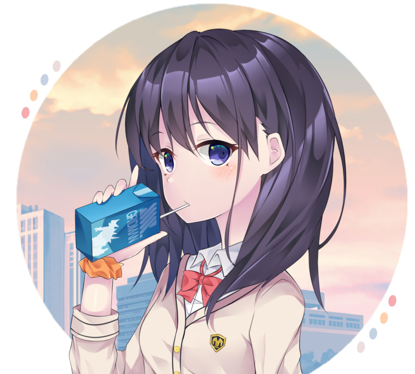 ai_cao bangs blush bow bowtie brown_cardigan brown_hair building cardigan closed_mouth cloud cloudy_sky collared_shirt commentary_request copyright_name drinking drinking_straw eyebrows_visible_through_hair hair_between_eyes holding juice_box long_hair long_sleeves looking_at_viewer purple_eyes red_neckwear shirt sky skyscraper solo ssss.gridman sunset takarada_rikka upper_body white_shirt