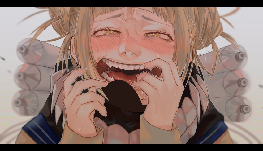 absurdres antera_(emi) arms_up blue_sailor_collar blush boku_no_hero_academia commentary_request fangs full-face_blush highres long_sleeves looking_at_viewer open_mouth sailor_collar solo tan_shirt teeth toga_himiko tongue windowboxed