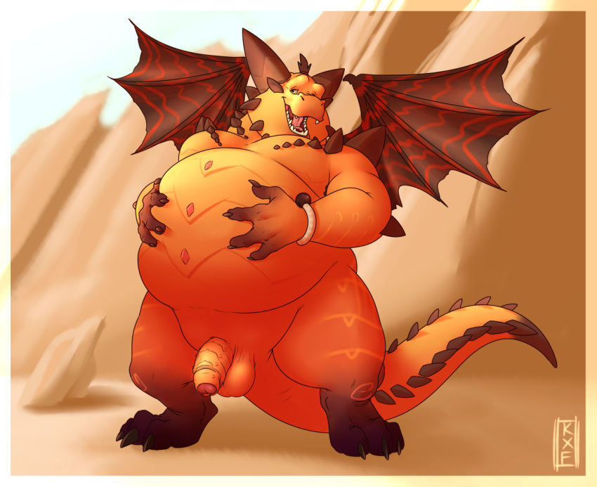 2018 4_fingers anthro balls belly belly_fondling belly_grab big_belly big_horns dragon flaccid front_view humanoid_penis kronexfire looking_at_viewer magnus_(spyro) male nude open_mouth orange_scales overweight partially_retracted_foreskin penis scales self_grab solo spyro_reignited_trilogy spyro_the_dragon standing uncut video_games wings