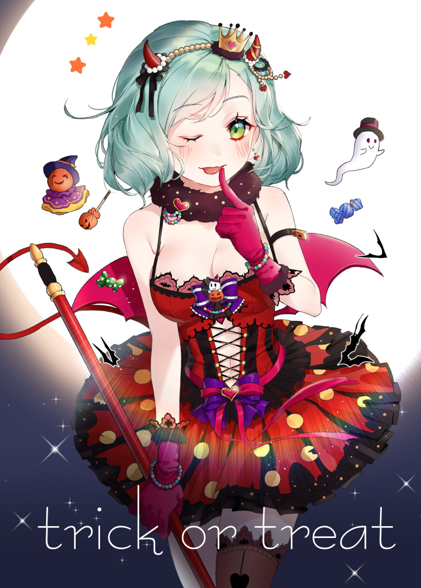 ;p aqua_hair armband bang_dream! black_hat black_legwear black_ribbon blush bow bowtie bracelet breasts candy cleavage cowboy_shot cross-laced_clothes crown demon_horns demon_tail demon_wings dress earrings english finger_to_mouth food fur_collar ghost gloves green_eyes hair_ribbon hairband halloween halloween_costume hat heart heart_earrings highres hikawa_hina holding holding_staff horns jack-o'-lantern jewelry lock lollipop looking_at_viewer medium_breasts mini_crown navel navel_cutout one_eye_closed padlock pink_gloves pink_ribbon polka_dot polka_dot_dress puckjjick_(belbesi19) purple_neckwear red_dress ribbon short_hair solo staff star tail thighhighs tongue tongue_out top_hat trick_or_treat wings witch_hat