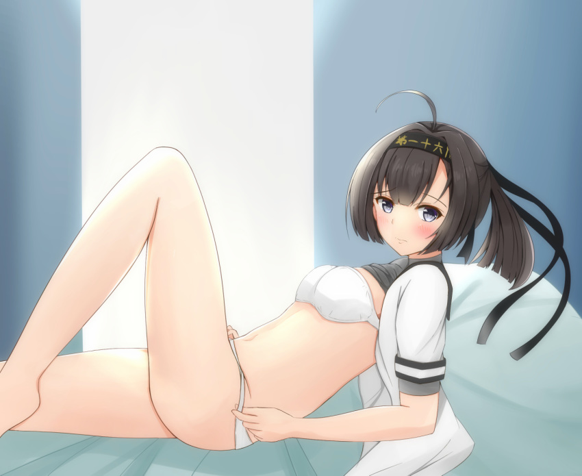 ahoge akizuki_(kantai_collection) black_hair blue_eyes blush bra breasts commentary_request hachimaki headband highres kantai_collection looking_at_viewer looking_to_the_side lying medium_breasts navel on_back on_bed open_clothes open_shirt panties ponytail solo toyomi_13 underwear undressing wavy_mouth white_bra white_panties