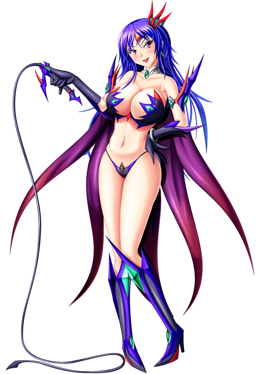 absurdres adorasvp1984 armor bikini_armor blue_hair boots breasts commentary_request gloves highres huge_breasts large_breasts long_hair original purple_eyes thigh_boots thighhighs whip