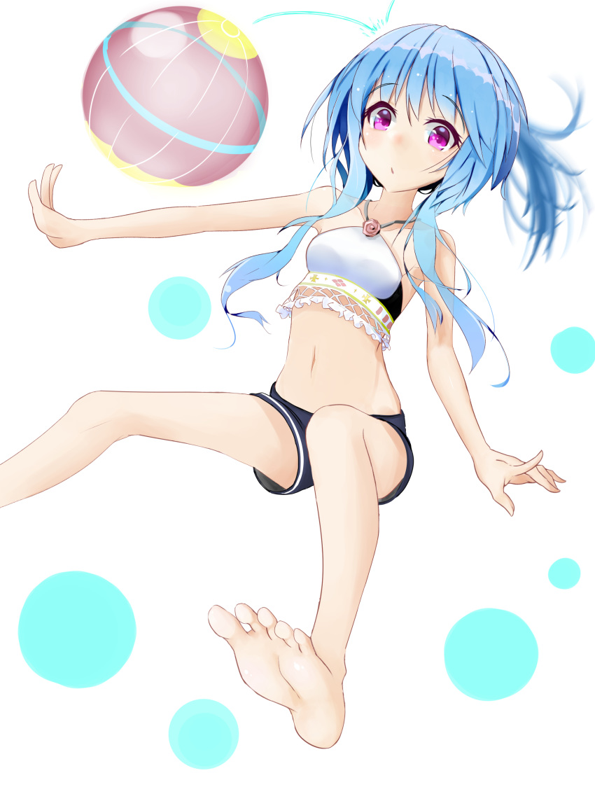 absurdres ball barefoot beachball blush breasts highres looking_at_viewer mau_suika navel outstretched_hand ponytail purple_eyes reve_(sennen_sensou_aigis) sennen_sensou_aigis simple_background small_breasts solo white_background