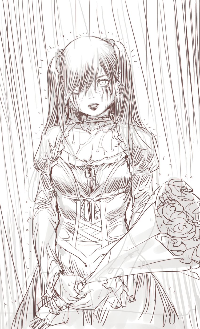 absurdres archvermin breasts cleavage copyright_request crying dress flower highres long_hair makeup mascara monochrome rain solo third-party_source