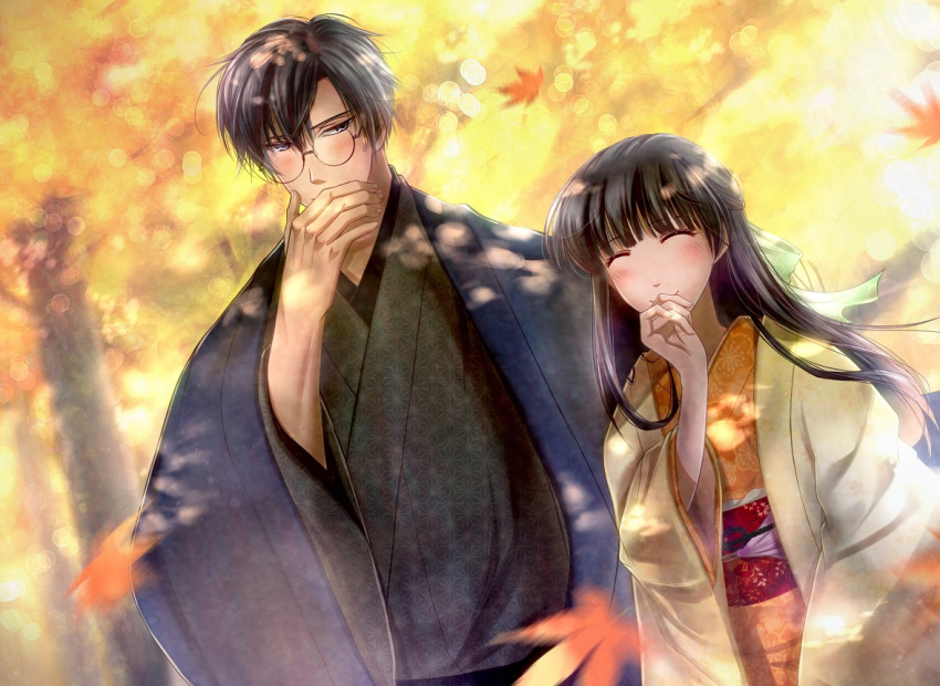 1girl autumn_leaves bangs blunt_bangs blurry blurry_background blush bow brown_hair closed_eyes dating day dutch_angle facing_viewer floral_print glasses green_bow grey_eyes hair_bow hand_up hetero izumi_(stardustalone) japanese_clothes kimono leaf long_hair looking_at_another maple_leaf original outdoors parted_bangs renri_no_chigiri_wo_kimi_to_shiru smile tree upper_body wide_sleeves