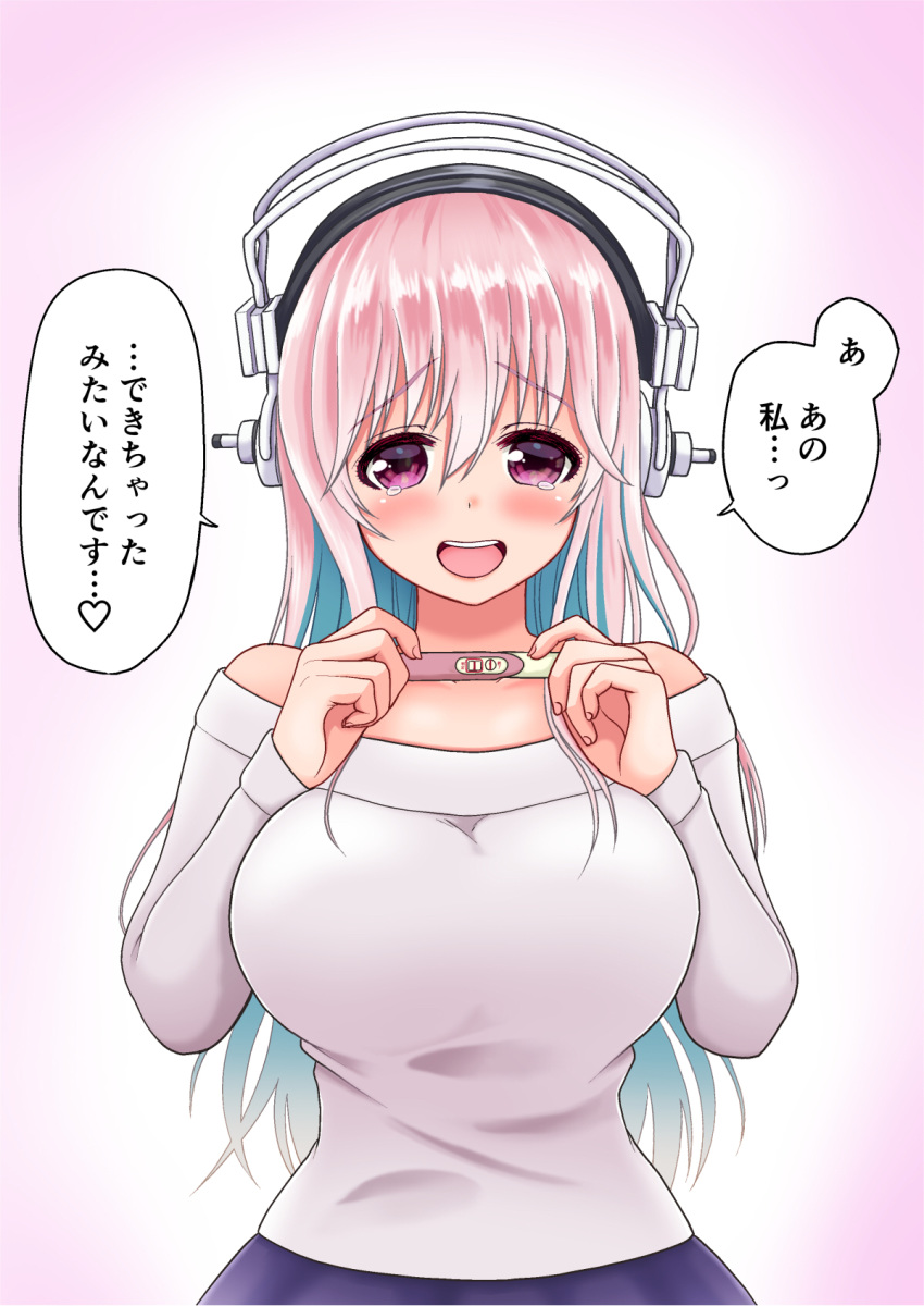 aqua_hair blush breasts commentary headphones highres implied_pregnancy large_breasts long_hair looking_at_viewer momoko_amatsuka multicolored_hair nitroplus open_mouth pink_eyes pink_hair pregnancy_test smile solo super_sonico translated two-tone_hair virtual_youtuber