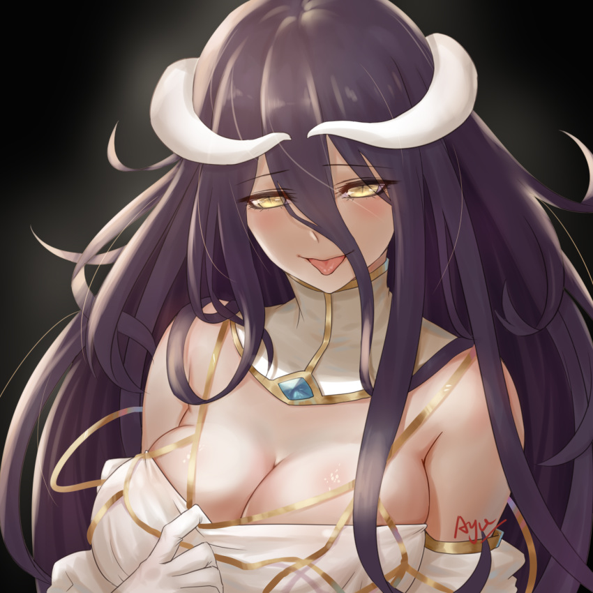 albedo ayu_(p1314_win) bangs bare_shoulders beckoning black_background black_hair breasts cleavage collarbone demon_girl demon_horns detached_collar dress dress_pull elbow_gloves eyebrows_visible_through_hair eyes_visible_through_hair gloves hair_between_eyes highres horns invitation large_breasts long_hair looking_at_viewer naughty_face no_bra overlord_(maruyama) simple_background slit_pupils solo tongue tongue_out white_dress white_gloves white_horns yellow_eyes