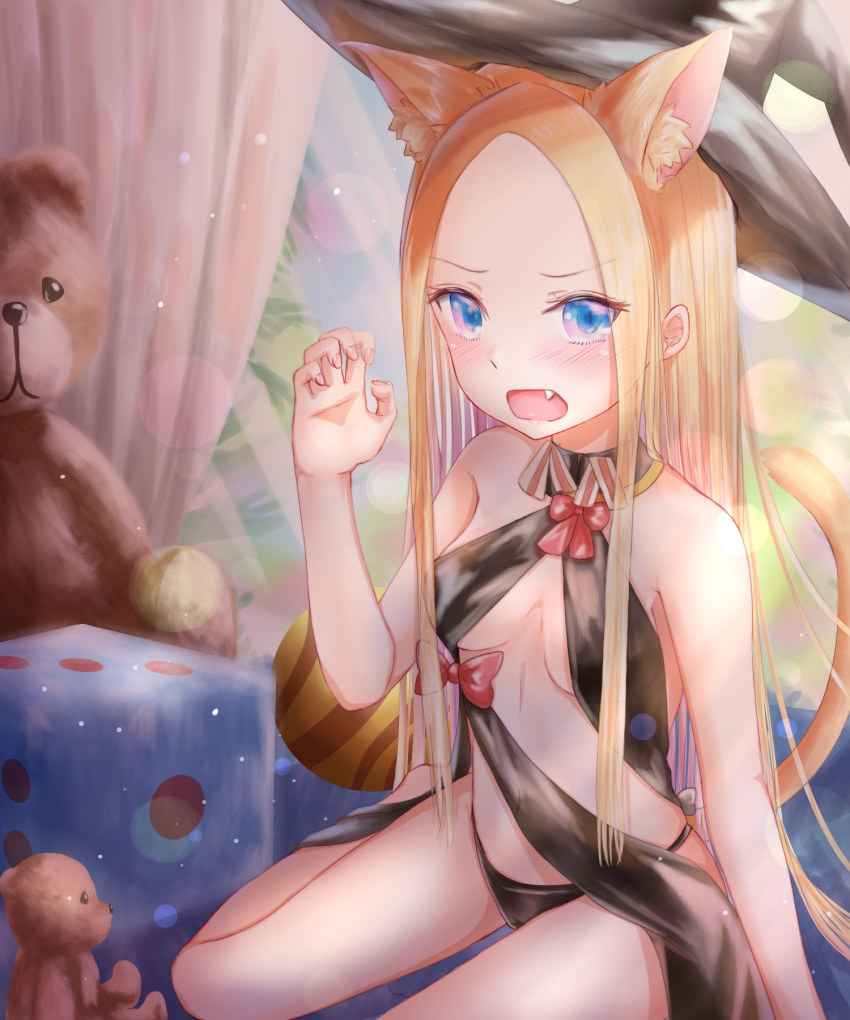 abigail_williams_(fate/grand_order) animal_ear_fluff animal_ears bangs bare_arms bare_shoulders black_hat black_panties blonde_hair blue_eyes blue_sky blush bow breasts cat_ears cat_girl cat_tail claw_pose commentary_request curtains day fang fate/grand_order fate_(series) fingernails forehead hand_up hat highres indoors kemonomimi_mode long_hair looking_at_viewer medium_breasts open_mouth panties parted_bangs red_bow sanka_tan sitting sky solo stuffed_animal stuffed_toy tail teddy_bear underwear very_long_hair window witch_hat