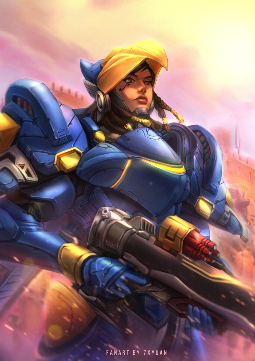 7xyuan absurdres artist_name black_hair braid commentary dark_skin english_commentary eye_of_horus facial_tattoo helmet highres holding holding_weapon lips mechanical_wings nose overwatch pharah_(overwatch) power_armor rocket_launcher solo tattoo weapon wings