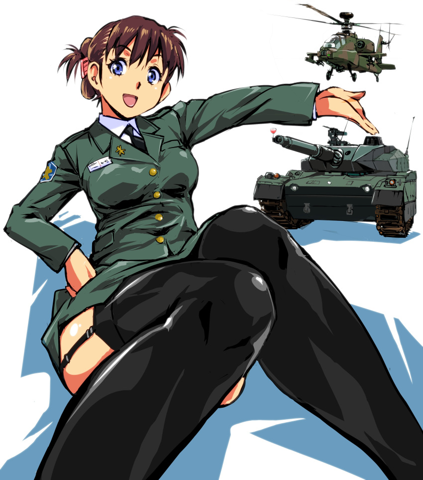 absurdres aircraft alcohol arm_up black_legwear black_neckwear blue_eyes brown_hair commentary_request cup double-breasted drinking_glass green_jacket green_skirt ground_vehicle hand_on_hip hat heart helicopter highres jacket long_hair long_sleeves looking_at_viewer military military_hat military_uniform military_vehicle motor_vehicle necktie open_mouth original shirt simple_background sitting skirt solo tank thighhighs type_10_(tank) uniform white_shirt wine wine_glass yuya