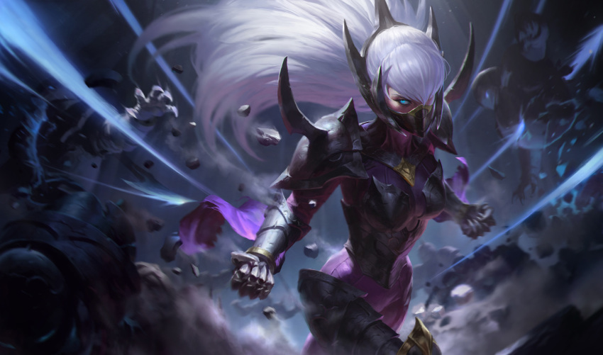 alternate_costume armor blue_eyes breastplate clenched_hands commentary covered_mouth english_commentary face_mask gauntlets greaves hair_over_one_eye highres irelia kilart large_hat league_of_legends long_hair mask nightblade_irelia official_art pauldrons solo spikes white_hair