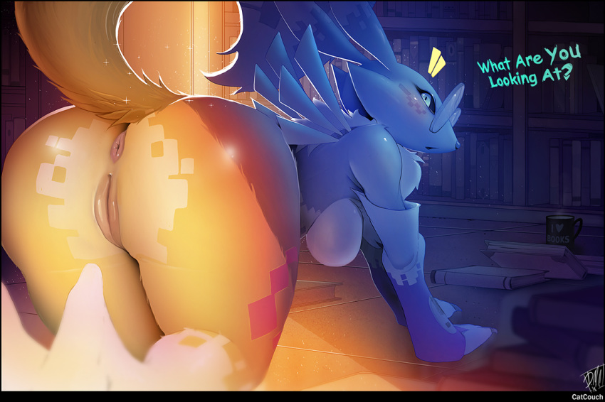 1girl all_fours anthro anus ass breasts catcouch dialogue digimon english_text eyewear female glasses gloves heart library looking_at_viewer looking_back nude pussy renamon solo tail text_focus thick_thighs thighs