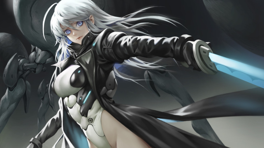 blue_eyes gloves glowing glowing_weapon highres holding holding_weapon leotard long_hair medium_hair original science_fiction skin_tight solo trench_coat weapon white_hair yamacannon