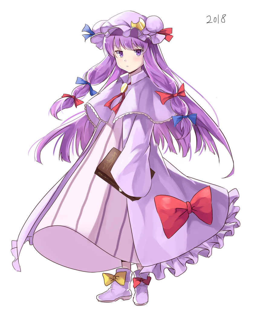 2018 absurdres blue_bow blue_ribbon book bow braid capelet collar crescent crescent_moon_pin dress_bow expressionless full_body hair_bow hat hat_ribbon highres holding holding_book kani_nyan long_hair looking_at_viewer neck_ribbon patchouli_knowledge purple_eyes purple_hair red_bow red_neckwear red_ribbon ribbon shoe_bow shoes simple_background solo touhou twin_braids very_long_hair white_background wide_sleeves yellow_bow