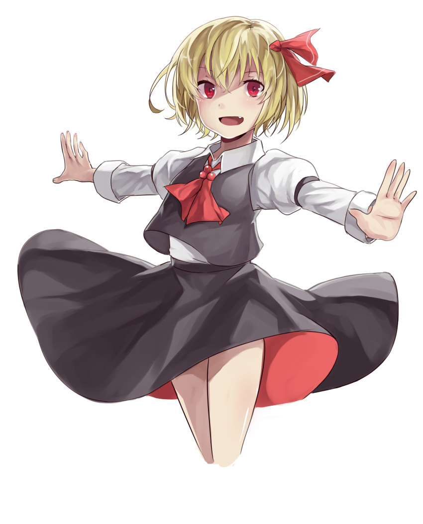 absurdres black_skirt blonde_hair bow cropped_legs fang hair_bow highres kani_nyan looking_at_viewer miniskirt open_mouth outstretched_arms red_bow red_eyes red_neckwear rumia short_hair simple_background skirt smile solo touhou vest white_background