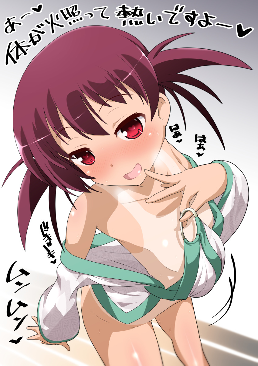 blush breasts gradient gradient_background grey_background heart heart-shaped_pupils highres looking_at_viewer no_panties open_mouth purple_hair red_eyes saki simple_background small_breasts smile solo swimsuit_tug symbol-shaped_pupils tan tanline twintails usuzumi_hatsumi white_background xiao_rui_rui