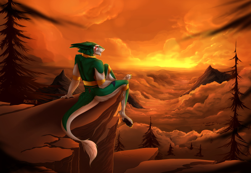 anthro claws cliff clothed clothing cloud detailed_background digital_media_(artwork) forest fur jewelry jorm loincloth male mammal outside puchikatt sergal sitting sky solo sunset topless tree