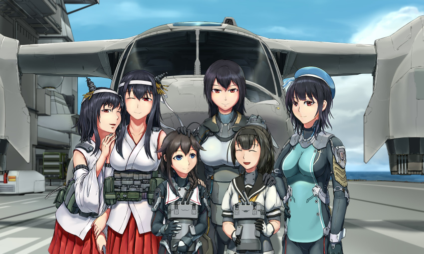 :d ahoge akizuki_(kantai_collection) alternate_costume black_hair black_headband blue_eyes blue_sky bodysuit braid breasts chinese_commentary chou-10cm-hou-chan closed_eyes cloud cloudy_sky commentary_request day flight_deck fusou_(kantai_collection) hair_ornament height_difference highres husky_(soonofgod) kantai_collection large_breasts long_hair looking_at_viewer multiple_girls nagato_(kantai_collection) nontraditional_miko open_mouth outdoors red_eyes remodel_(kantai_collection) school_uniform serafuku shigure_(kantai_collection) short_hair side_braid sky smile standing takao_(kantai_collection) v-22_osprey vtol white_headband yamashiro_(kantai_collection)