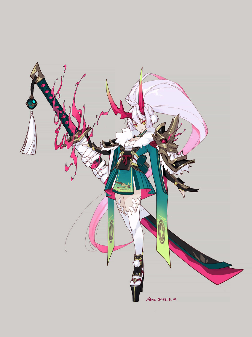 2018 absurdres artist_request bandages character_request eyebrows_visible_through_hair eyeliner fire fur_trim glowing glowing_eyes grey_background highres holding holding_weapon horns katana lipstick long_hair makeup oni onmyoji pauldrons pink_hair ponytail signature simple_background solo standing sword thighhighs weapon yellow_eyes youtouhime