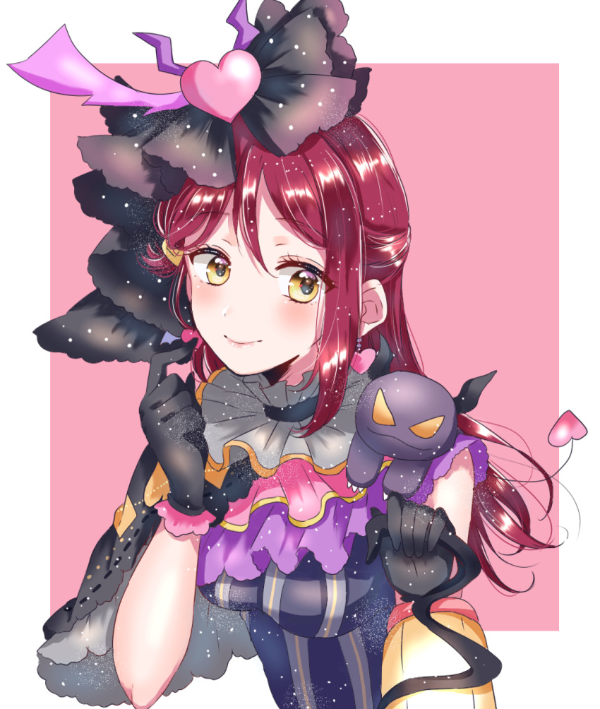 black_gloves blush capelet character_request commentary_request demon earrings feathers frilled_shirt_collar frills gloves hair_feathers hair_ornament hairclip half_updo heart heart_earrings heart_hair_ornament highres holding_lantern horns jewelry kaisou_(0731waka) lantern long_hair looking_at_viewer love_live! love_live!_sunshine!! on_shoulder pink_background pink_feathers red_hair sakurauchi_riko smile upper_body v-shaped_eyes yellow_eyes