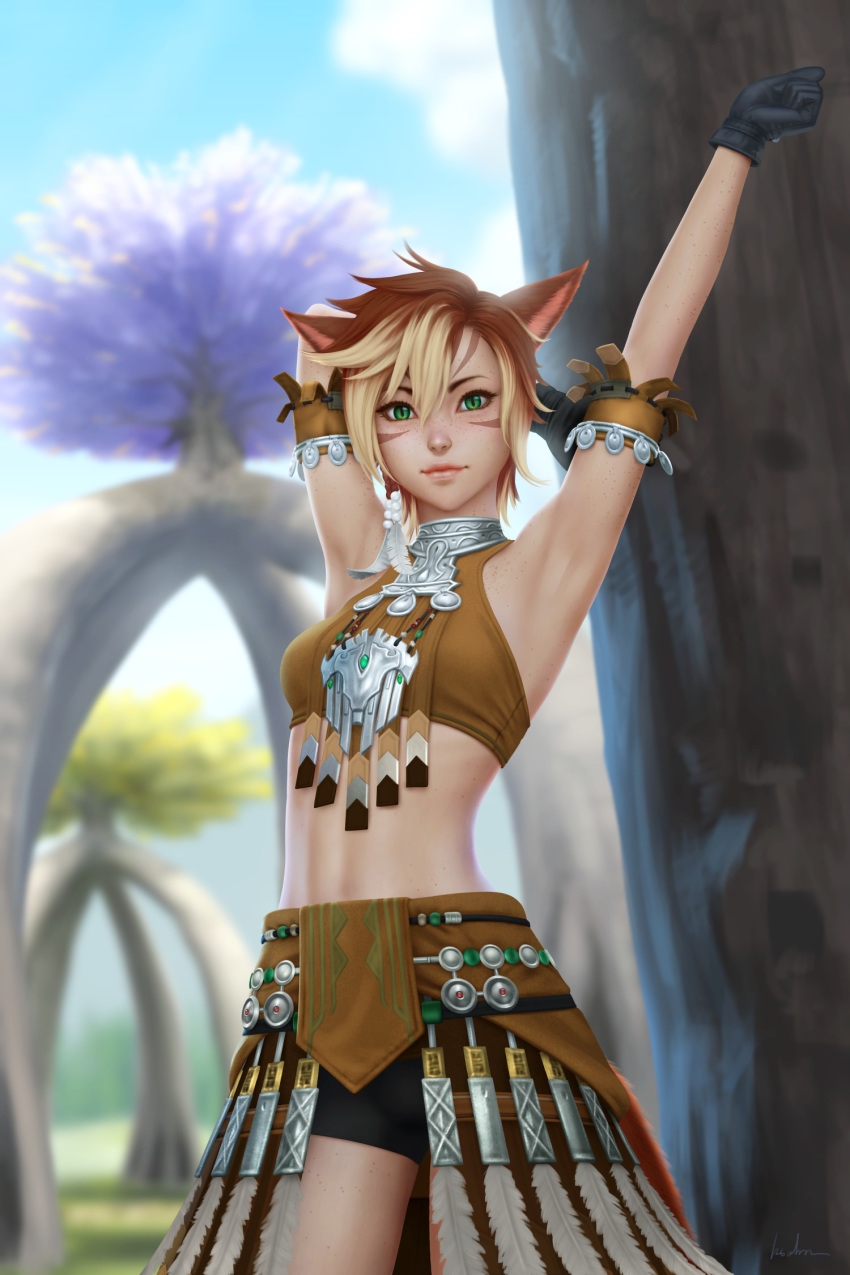 animal_ears arms_up bike_shorts black_gloves blurry blurry_background breasts brown_hair cat_ears cat_tail commission cowboy_shot facial_mark final_fantasy final_fantasy_xiv gloves gohpot green_eyes halter_top halterneck highres legs_apart lips looking_at_viewer midriff miqo'te multicolored_hair outdoors short_hair skirt slit_pupils small_breasts smile solo standing tail tree two-tone_hair whisker_markings