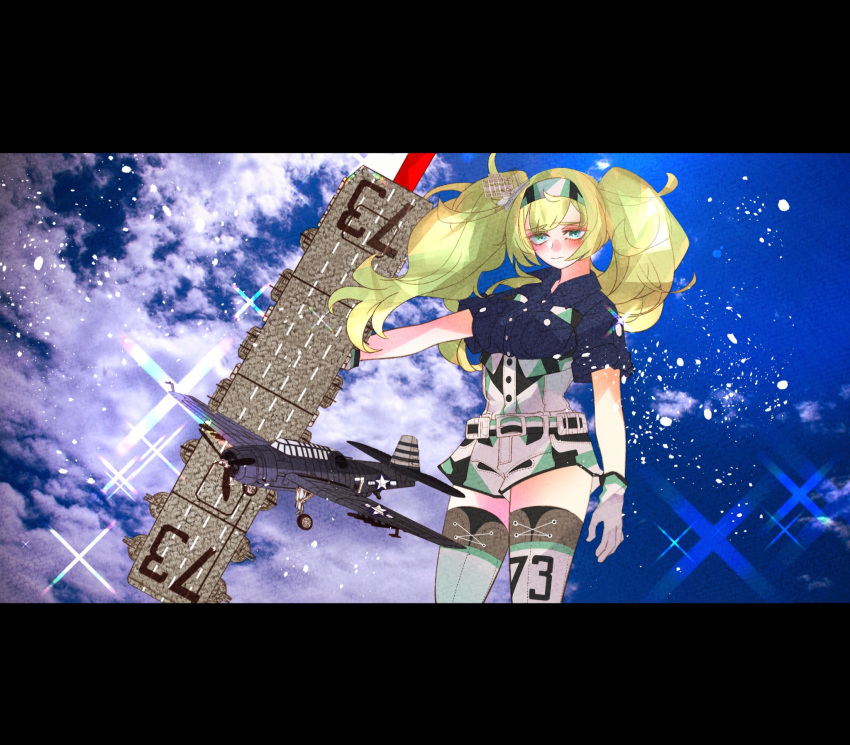 aircraft anno88888 belt blonde_hair blue_eyes blue_shirt breast_pocket breasts cloud cloudy_sky collared_shirt commentary cowboy_shot flight_deck gambier_bay_(kantai_collection) gloves hair_between_eyes hairband highres kantai_collection large_breasts multicolored multicolored_clothes multicolored_gloves outdoors pocket shirt shorts sky solo tbf_avenger thighhighs twintails white_legwear