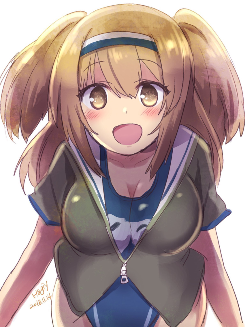 :d blush breasts cleavage clothes_writing collarbone commentary_request dated eyebrows_visible_through_hair hagiy_99 hairband highres i-26_(kantai_collection) kantai_collection large_breasts light_brown_eyes light_brown_hair long_hair name_tag new_school_swimsuit one-piece_swimsuit open_mouth sailor_collar school_swimsuit smile sparkling_eyes swimsuit twitter_username white_background zipper