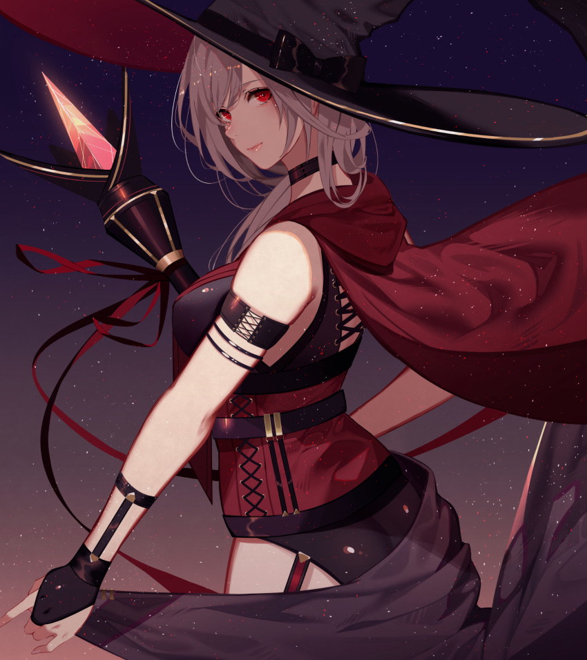 arm_strap bangs black_pants bridal_gauntlets cape choker from_side garters hair_over_shoulder highres holding holding_staff hood hood_down hooded kisui_(user_wswf3235) long_hair looking_at_viewer original pants red_cape red_eyes red_ribbon ribbon silver_hair sleeveless smile solo staff standing swept_bangs