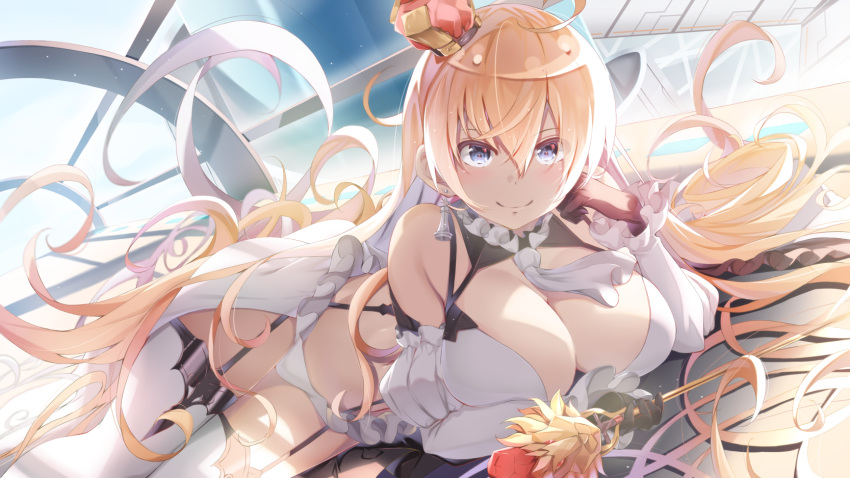 akausuko black_gloves blonde_hair blue_eyes breasts commentary_request crown detached_sleeves drill_hair frills garter_straps gloves hat highres large_breasts lion_(zhan_jian_shao_nyu) long_hair looking_at_viewer lying mini_crown on_stomach puffy_sleeves solo stomach thighhighs thighs tilted_headwear underwear very_long_hair white_legwear zhan_jian_shao_nyu