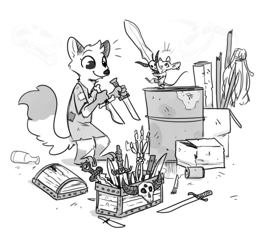 2018 anthro barrel bottle box canine clothed clothing dipstick_tail disney dual_wielding duo fan_character female fox fuel_(artist) gloves_(marking) greyscale holding_object holding_weapon knife mammal markings melody_micely_(zootopia) monochrome mouse multicolored_tail rodent rosie_(zootopia) socks_(marking) standing weapon zootopia