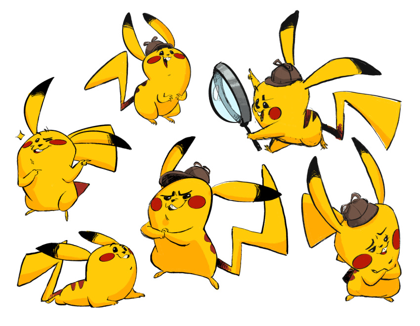 2018 beffalumps black_eyes deerstalker_hat detective_pikachu dipstick_ears hat holding_object magnifying_glass multiple_scenes nintendo one_eye_closed open_mouth open_smile pikachu pointing pok&eacute;mon pok&eacute;mon:_detective_pikachu pok&eacute;mon_(species) pose red_cheeks simple_background smile solo sparkle toony video_games white_background wink yellow_body