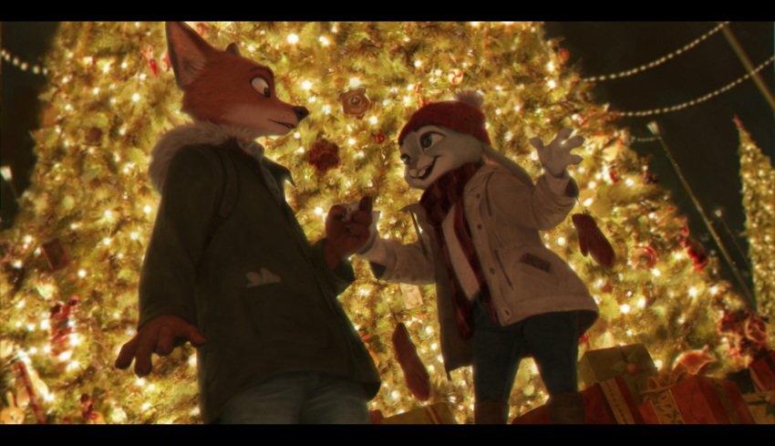 anthro canine christmas christmas_present christmas_tree clothed clothing detailed_background disney female fox hand_holding happy hi_res holidays judy_hopps lagomorph male mammal nick_wilde night outside rabbit smile surprise terry_grimm tree wallpaper zootopia