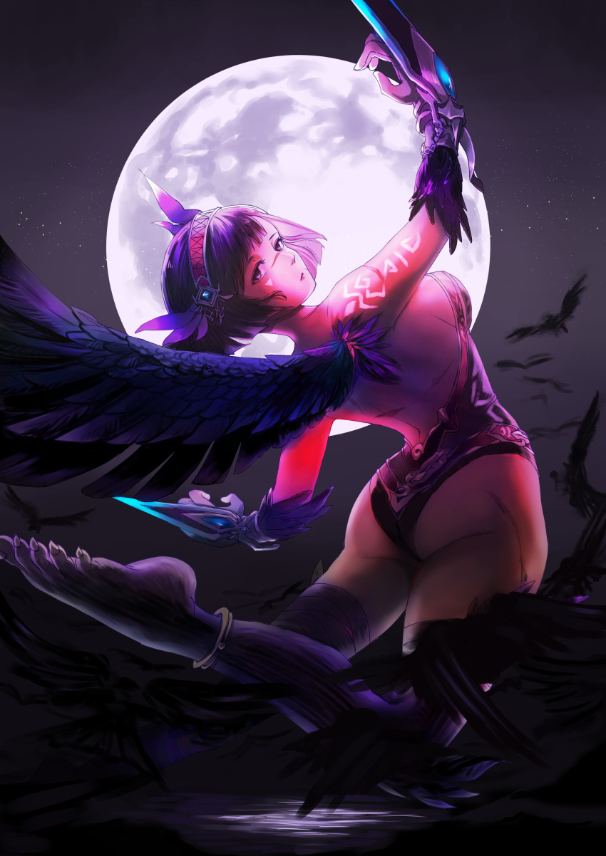 absurdres anklet ass bandaged_leg bandages bird breasts crow full_body full_moon hairband highres jewelry leotard looking_at_viewer medium_breasts midair moon night night_sky paws sahara1127 sdorica_-sunset- short_hair sky solo tattoo wings yamitsuki_(sdorica_-sunset-)