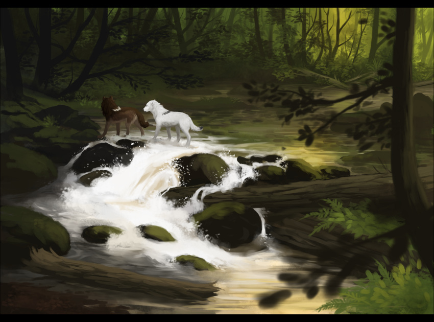 2018 canine day detailed_background digital_media_(artwork) duo feral forest mammal oneminutesketch outside river tree water waterfall wolf