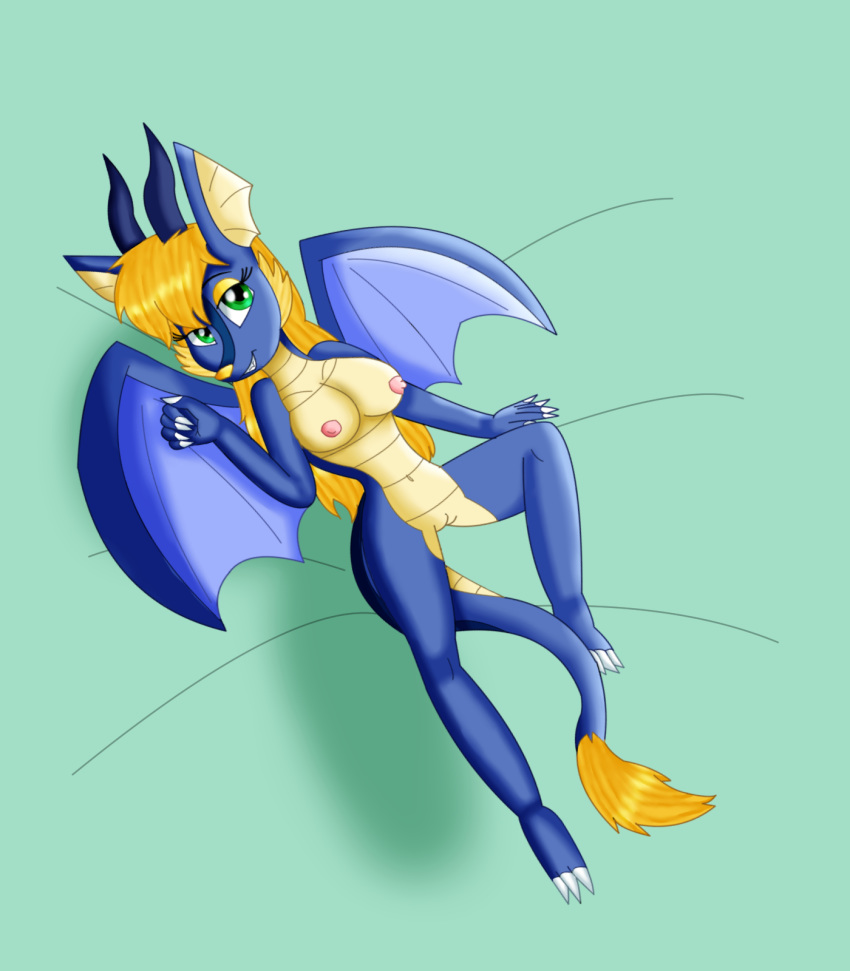 2018 anthro blonde_hair breasts claws digital_media_(artwork) dragon fan_character female hair horn kendratheshinyeevee looking_at_viewer lying nipples non-mammal_breasts nude on_back pinup pose pussy reptile scalie simple_background smile solo wings