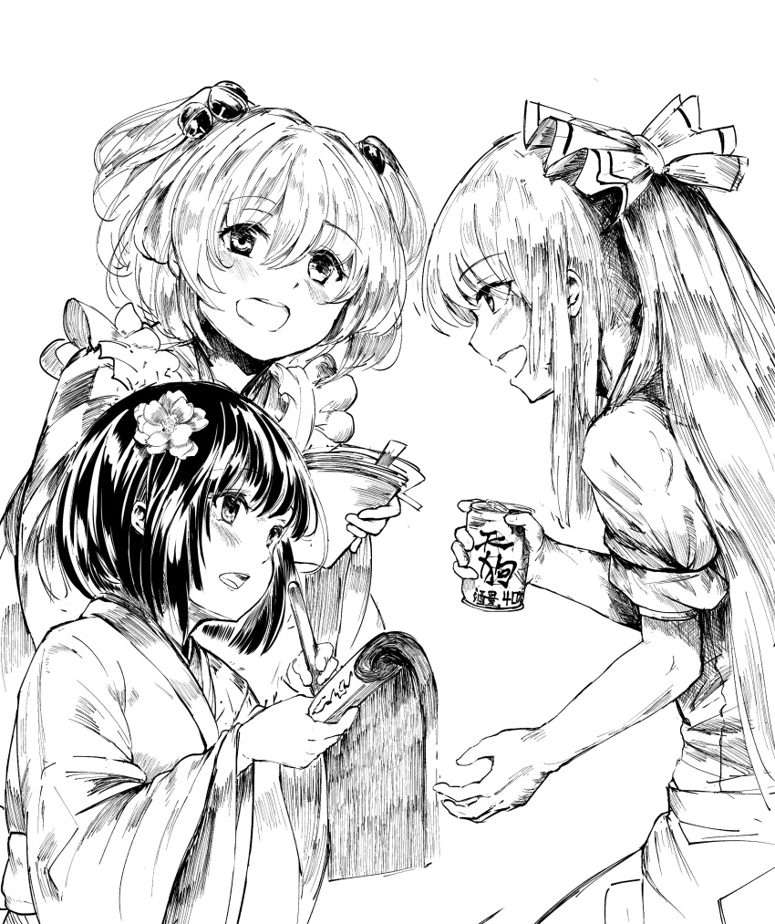 absurdres apron aritsuno bell bow calligraphy_brush can checkered commentary_request flower fujiwara_no_mokou greyscale hair_bell hair_bow hair_flower hair_ornament hieda_no_akyuu highres holding holding_can japanese_clothes jingle_bell kimono long_hair long_sleeves monochrome motoori_kosuzu multiple_girls open_mouth paintbrush pants scroll shirt short_sleeves smile touhou wide_sleeves writing
