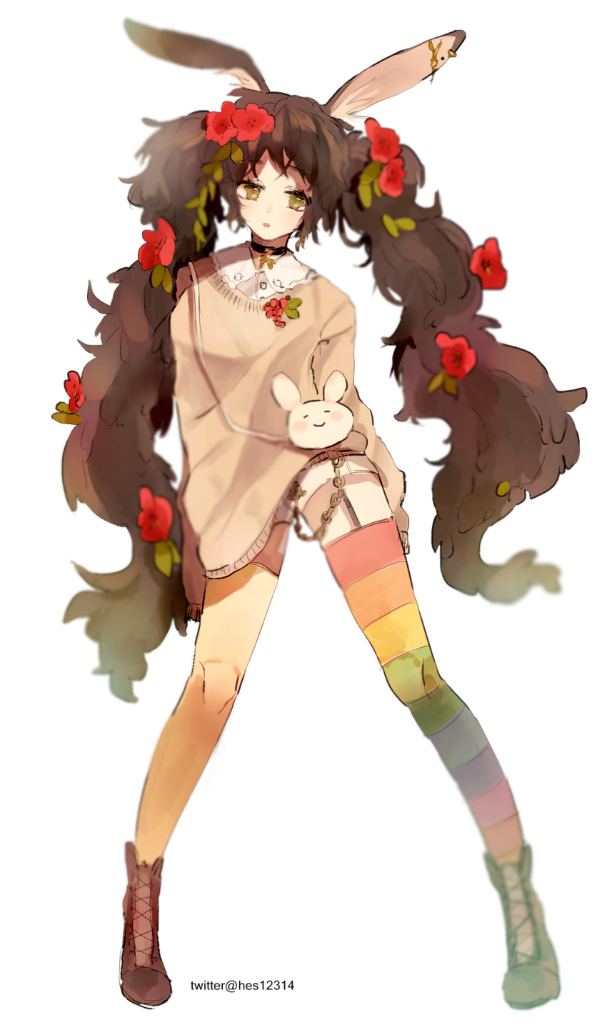 animal_ears artist_name bangs black_choker boots brown_footwear bunny bunny_ears chain choker commentary_request flower full_body garter_straps green_eyes hair_flower hair_ornament highres long_hair long_sleeves looking_at_viewer mismatched_legwear open_mouth original panties rainbow_legwear red_flower shirt shirt_under_sweater simple_background solo tan_sweater thighhighs twice12314 twintails twitter_username underwear very_long_hair white_background white_panties white_shirt yellow_legwear