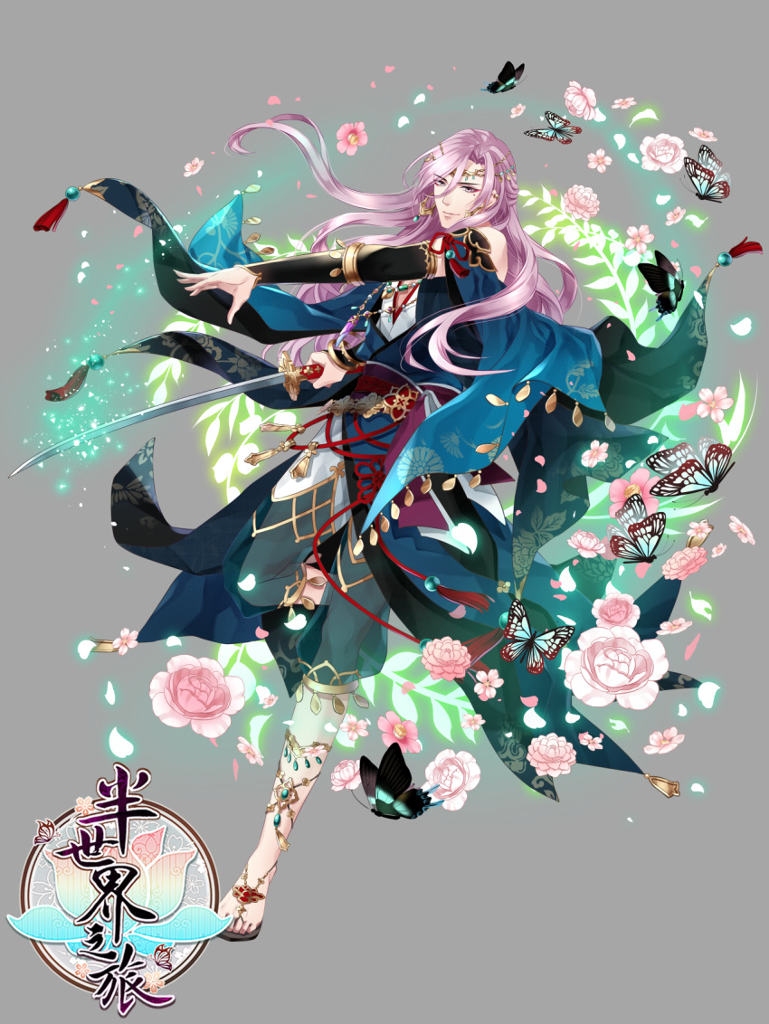 arm_warmers ban_shijie_zhi_lu bug butterfly earrings fantasy flower full_body grey_background hair_between_eyes highres holding holding_sword holding_weapon insect jewelry long_hair looking_at_viewer male_focus necklace official_art purple_hair ran_(artist) standing standing_on_one_leg sword very_long_hair watermark weapon