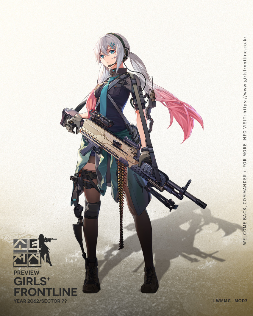 ammunition_belt bag belt bipod black_legwear blue_eyes blue_jacket blue_shirt boots breast_pocket brown_legwear character_name clothes_around_waist cross-laced_footwear exoskeleton expressionless eyebrows full_body general_dynamics_lwmmg girls_frontline gloves grey_hair gun hair_between_eyes hair_ornament hairclip headphones headset high_collar highres holding holding_gun holding_weapon holster jacket jacket_around_waist lace-up_boots looking_at_viewer lwmmg_(girls_frontline) mod3_(girls_frontline) multicolored_hair necktie off_shoulder official_art pink_hair pocket radio rff_(3_percent) scope shirt short_shorts shorts single_knee_pad sleeves_folded_up solo strap teal_neckwear thigh_strap thighhighs transparent_background twintails walking weapon x_hair_ornament