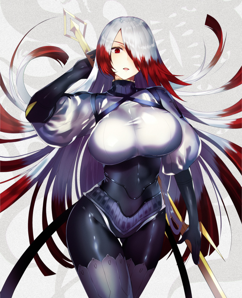 arm_at_side arm_up asmodeus_(megido72) ass_visible_through_thighs banned_artist big_hair black_bodysuit black_gloves bodysuit breasts commentary_request covered_navel elbow_gloves gloves gradient_hair grey_legwear grey_shirt head_tilt highres holding large_breasts long_hair megido72 multicolored_hair parted_lips puffy_short_sleeves puffy_sleeves red_hair shirt short_sleeves silver_hair solo standing tetsubuta thigh_gap thighhighs very_long_hair