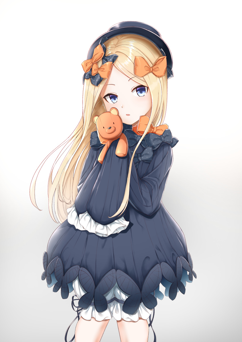 abigail_williams_(fate/grand_order) absurdres bangs black_bow black_dress black_hat blonde_hair bloomers blue_eyes blush bow bug butterfly commentary_request dress eyebrows_visible_through_hair fate/grand_order fate_(series) forehead gradient gradient_background grey_background hair_bow hands_up hat head_tilt highres holding holding_stuffed_animal insect kimidori3_karla long_hair long_sleeves looking_at_viewer orange_bow parted_bangs parted_lips polka_dot polka_dot_bow sleeves_past_fingers sleeves_past_wrists solo stuffed_animal stuffed_toy teddy_bear underwear very_long_hair white_background white_bloomers