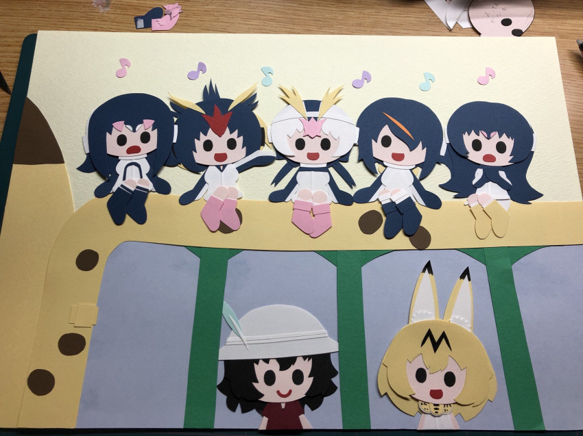 black_footwear black_hair blonde_hair bow bowtie eighth_note emperor_penguin_(kemono_friends) gentoo_penguin_(kemono_friends) hair_over_one_eye hat_feather headphones helmet highres humboldt_penguin_(kemono_friends) japari_bus kaban_(kemono_friends) kemono_friends leotard long_hair multicolored_hair music musical_note no_nose open_mouth paper_(medium) penguins_performance_project_(kemono_friends) pink_footwear pink_hair pith_helmet poru_(tohopunk) print_neckwear red_hair red_shirt rockhopper_penguin_(kemono_friends) royal_penguin_(kemono_friends) serval_(kemono_friends) serval_ears serval_print shirt short_hair short_sleeves singing sitting sleeveless smile streaked_hair two-tone_hair white_hair white_leotard yellow_footwear