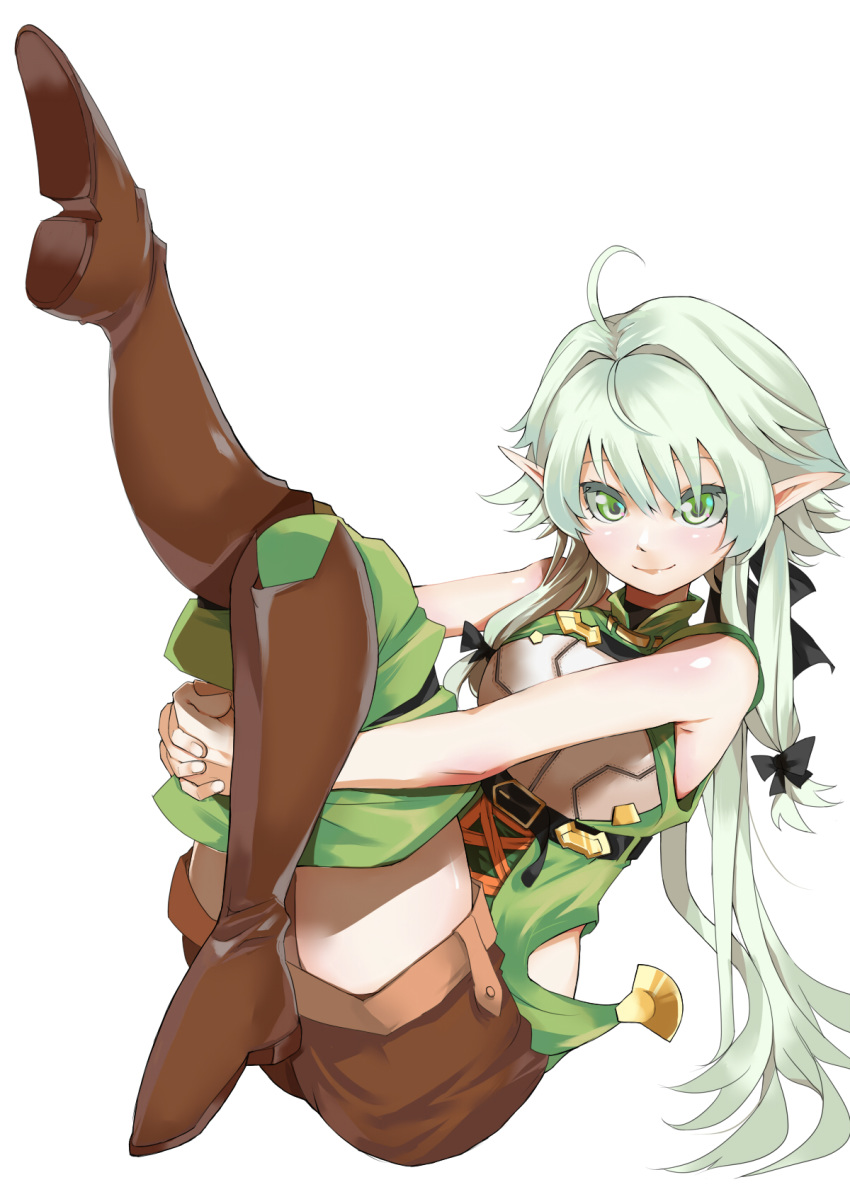ahoge bare_arms bare_shoulders black_bow blaze_(artist) boots bow brown_shorts cloak commentary_request elf full_body goblin_slayer! green_eyes green_hair hair_bow high_elf_archer_(goblin_slayer!) highres hip_vent hood hooded_cloak interlocked_fingers leg_up long_hair looking_at_viewer low_ponytail pointy_ears shorts sidelocks simple_background sleeveless smile solo thigh_boots thighhighs white_background