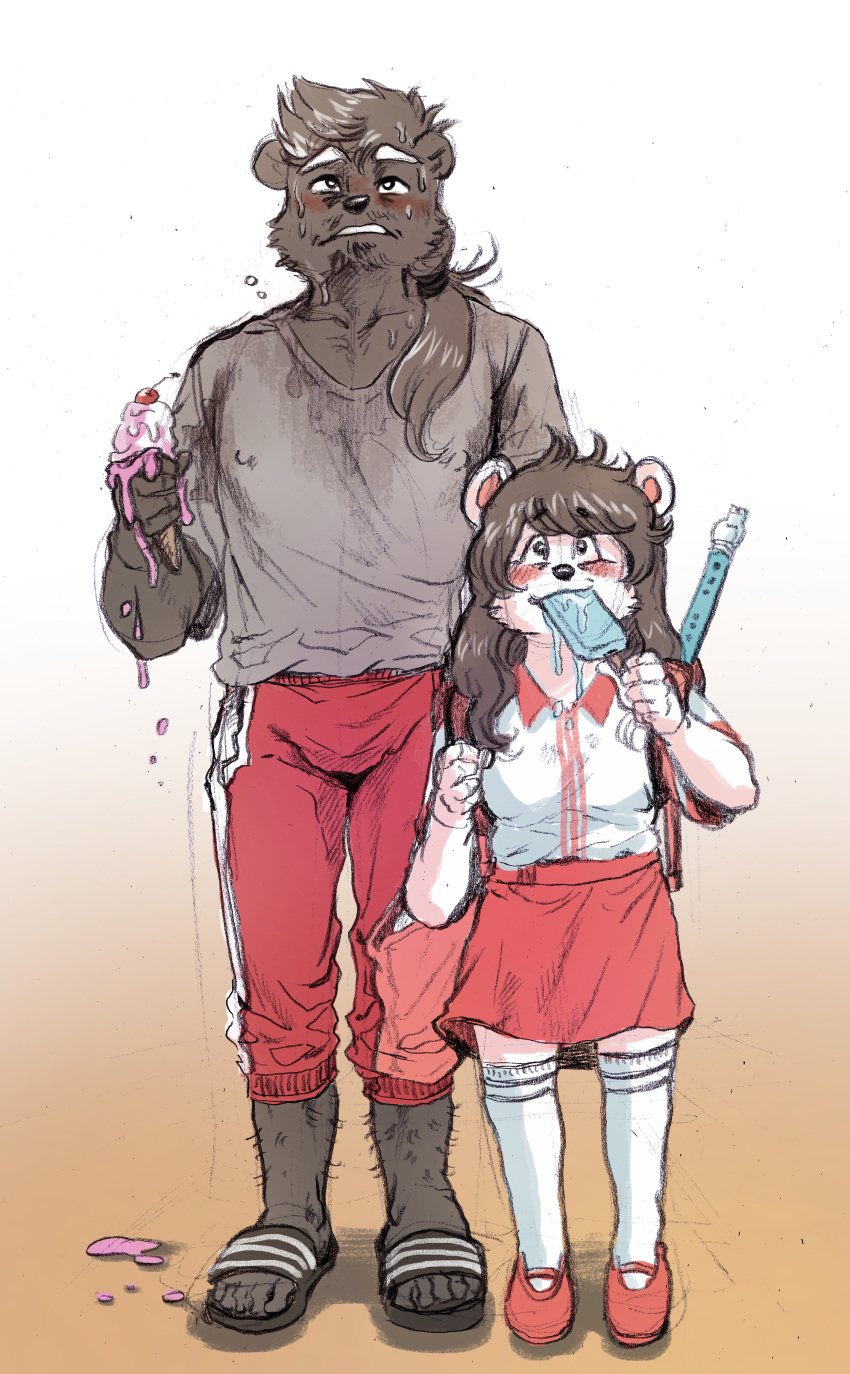 2017 5_fingers 5_toes absurd_res age_difference anthro backpack bear biped black_fur blush brown_hair cheek_tuft clothed clothing cub daughter dessert digital_media_(artwork) digital_painting_(artwork) dress_shirt dripping duo eating eyelashes facial_hair father father_and_daughter feet female flat_chested food food_in_mouth footwear front_view frown full-length_portrait fur gradient_background grey_clothing grey_topwear guide_lines hair hairy hi_res holding_food holding_object humanoid_feet humanoid_hands ice_cream kemono korean larger_male long_hair long_socks looking_up male mammal mane_hair mary_janes melting messy mixed_media musical_instrument older_male orange_background pants parent pink_bottomwear pink_clothing pink_topwear plantigrade polar_bear ponytail popsicle portrait recorder red_bottomwear red_clothing ryonggay sandals shirt shoes simple_background size_difference skirt smaller_female smile standing student sweat toes traditional_media_(artwork) tuft white_background white_clothing white_fur white_topwear young younger_female