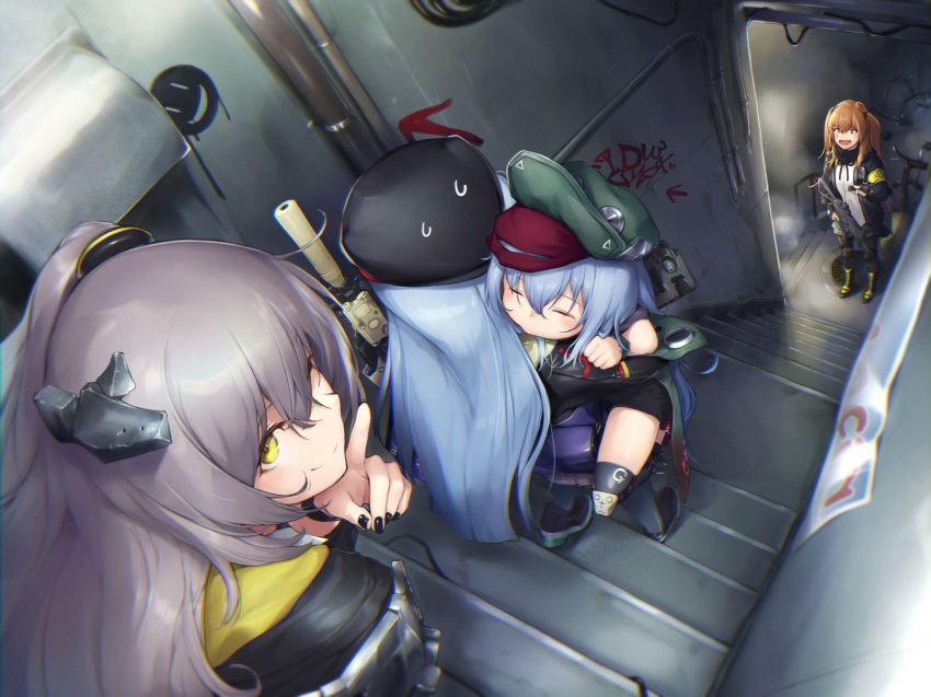 4girls armband assault_rifle bangs beret black_gloves black_legwear black_nails blush breasts brown_eyes brown_hair carrying closed_mouth commentary_request dabuki eyebrows_visible_through_hair finger_to_mouth fingerless_gloves g11_(girls_frontline) girls_frontline gloves graffiti grey_hair gun h&amp;k_ump9 hair_between_eyes hair_ornament hairclip hat headgear heckler_&amp;_koch highres hk416 hk416_(girls_frontline) holding holding_gun holding_weapon index_finger_raised jacket long_hair looking_at_another looking_at_viewer medium_breasts mod3_(girls_frontline) multiple_girls nail_polish one-eyed one_side_up open_clothes open_mouth pantyhose plaid plaid_skirt pointing ribbon rifle scar scar_across_eye scarf shirt shorts shushing silver_hair skirt sleeping smile stairwell submachine_gun sweatdrop thighhighs twintails ump45_(girls_frontline) ump9_(girls_frontline) very_long_hair weapon white_shirt wristband yellow_eyes
