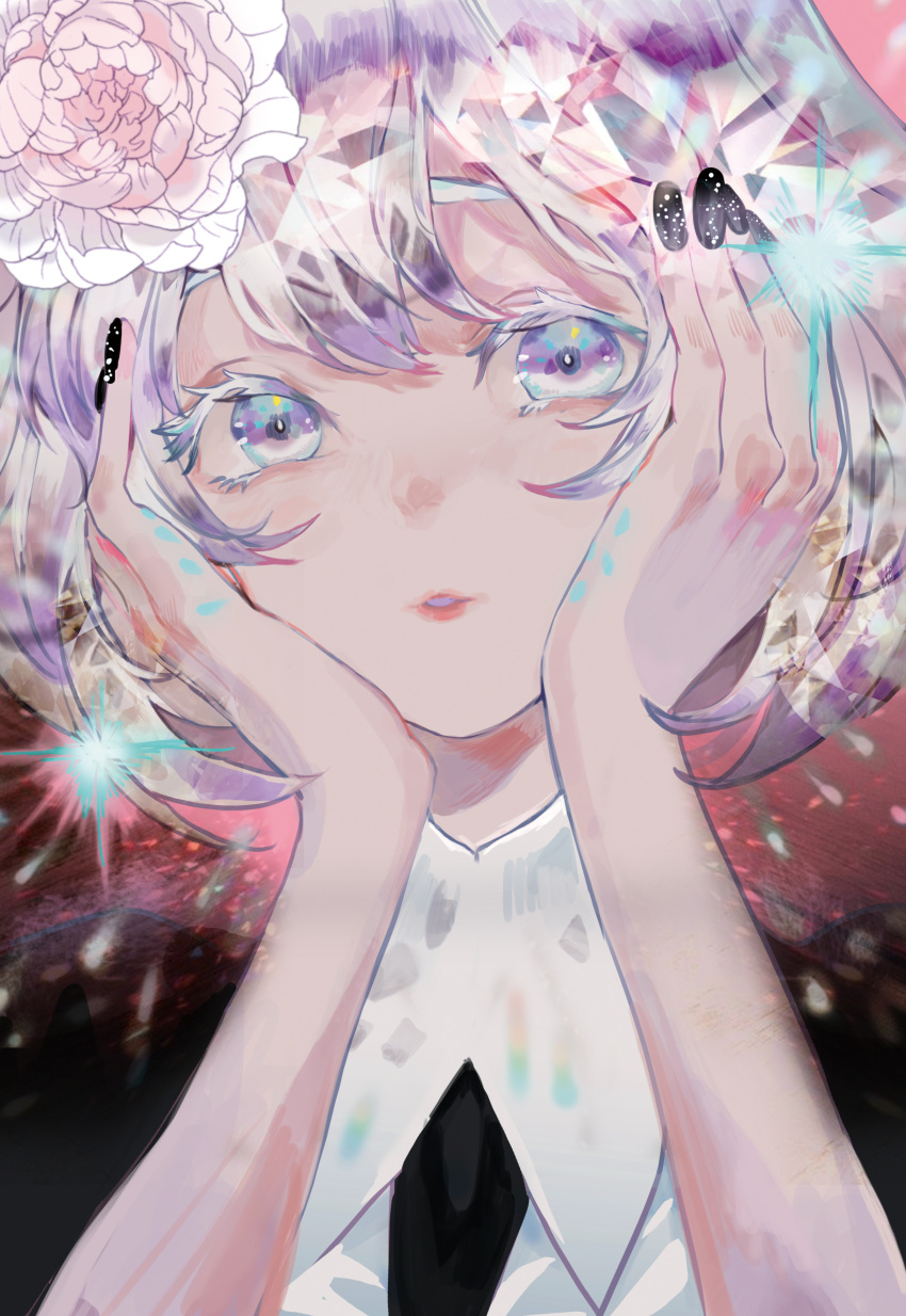 absurdres androgynous colored_eyelashes crystal_hair diamond_(houseki_no_kuni) flower gem_uniform_(houseki_no_kuni) hair_flower hair_ornament hands_on_own_face highres houseki_no_kuni looking_at_viewer md5_mismatch multicolored multicolored_eyes multicolored_hair necktie rose short_hair solo upper_body white_flower white_hair white_rose