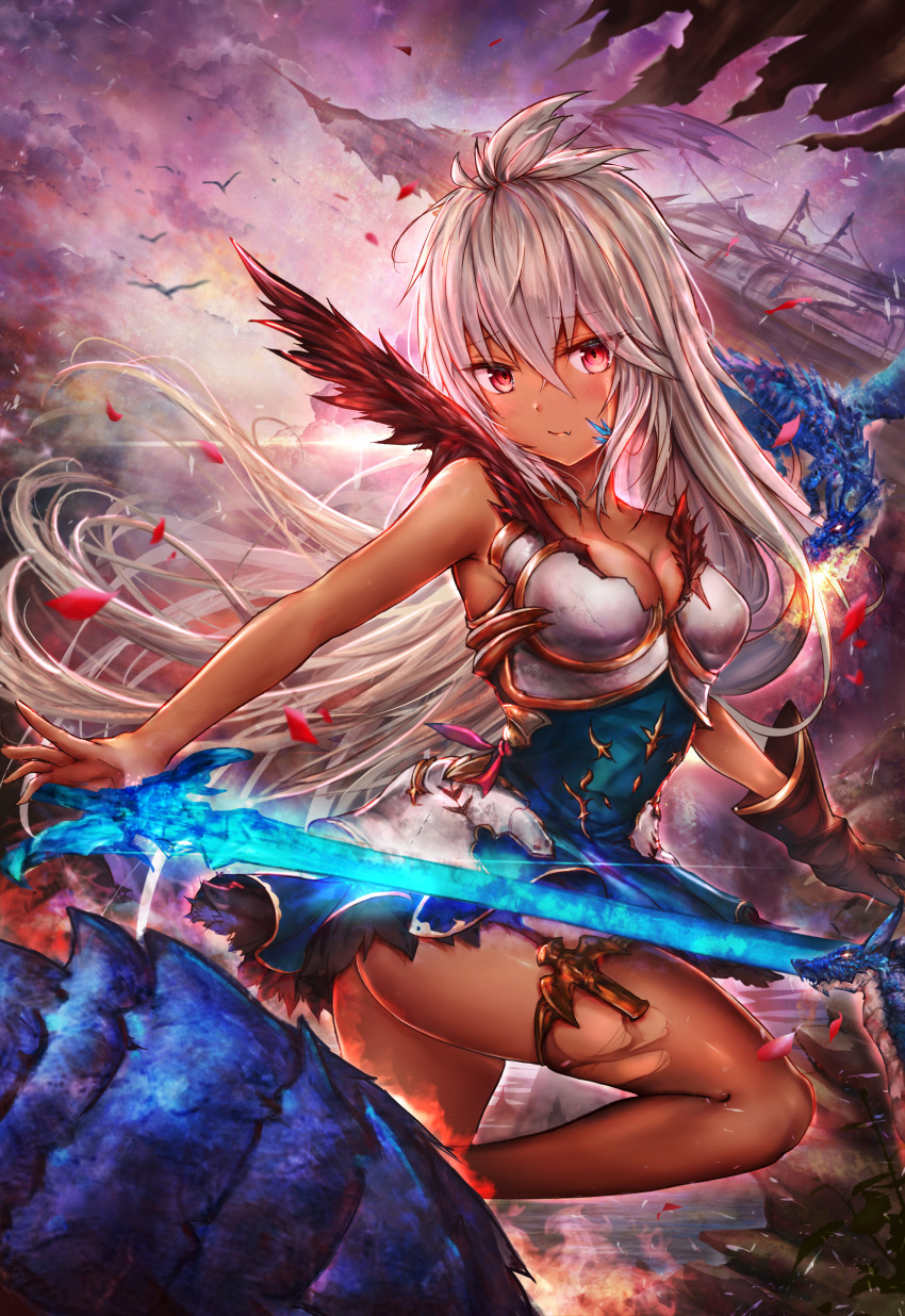 absurdres ass bangs bare_arms bare_shoulders black_skirt blue_shirt blush breastplate breasts brown_gloves brown_legwear cleavage closed_mouth dark_skin diffraction_spikes dragon eyebrows_visible_through_hair facial_mark fang faulds floating_hair gloves granblue_fantasy hair_between_eyes highres holding holding_sword holding_weapon leg_up long_hair looking_at_viewer luminous medium_breasts miniskirt plant red_eyes shirt silver_hair single_glove skirt solo standing standing_on_one_leg sword thigh_strap thighhighs torn_clothes torn_legwear very_long_hair weapon zooey_(granblue_fantasy)