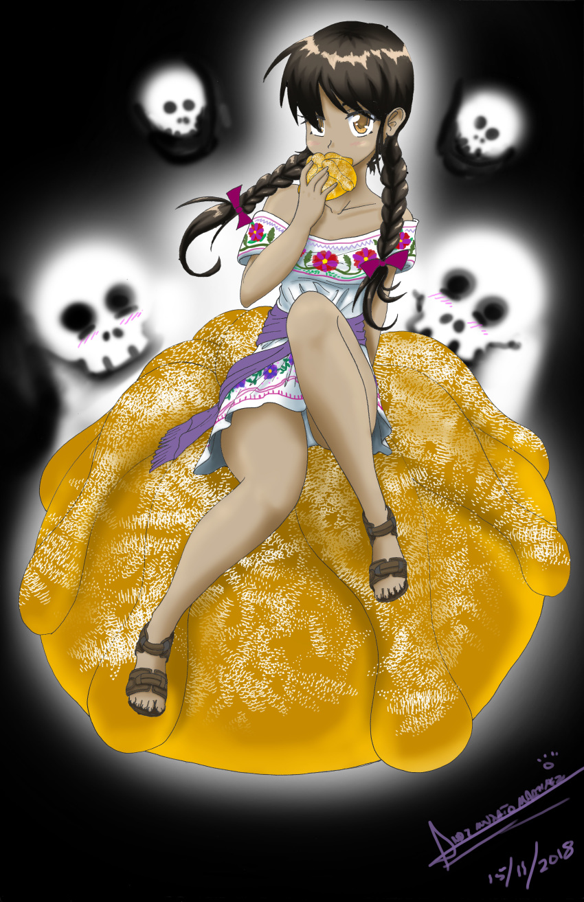 absurdres bad_anatomy bangs bare_legs bare_shoulders black_background bow braid brown_footwear brown_hair commentary dark_background dark_skin dated dia_de_los_muertos dress eating embroidered_dress embroidery engrish_commentary food full_body hair_bow highres holding jim_loveland knee_up long_hair looking_at_viewer mexican off-shoulder_dress off_shoulder original pan_de_muerto panties pastry purple_sash sandals sash shiny shiny_hair short_dress signature sitting skull solo twin_braids underwear upskirt white_dress white_panties yellow_eyes