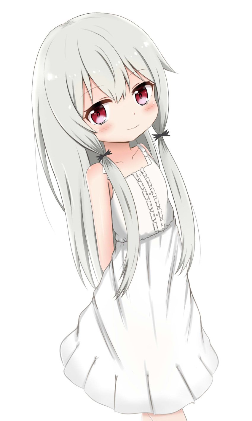 bangs bare_shoulders blush center_frills closed_mouth collarbone commentary_request dress eyebrows_visible_through_hair frills grey_hair hair_between_eyes hair_ornament highres jiu_(sdesd3205) long_hair looking_at_viewer pleated_dress red_eyes simple_background sleeveless sleeveless_dress smile solo sophie_twilight tonari_no_kyuuketsuki-san very_long_hair white_background white_dress