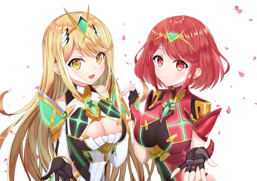 armor artist_request bangs blonde_hair blush breasts cleavage cleavage_cutout earrings fingerless_gloves gem gloves hair_ornament headpiece hikari_(xenoblade_2) homura_(xenoblade_2) jewelry large_breasts long_hair looking_at_viewer multiple_girls red_eyes red_hair short_hair shoulder_armor simple_background smile swept_bangs thigh_strap tiara xenoblade_(series) xenoblade_2 yellow_eyes